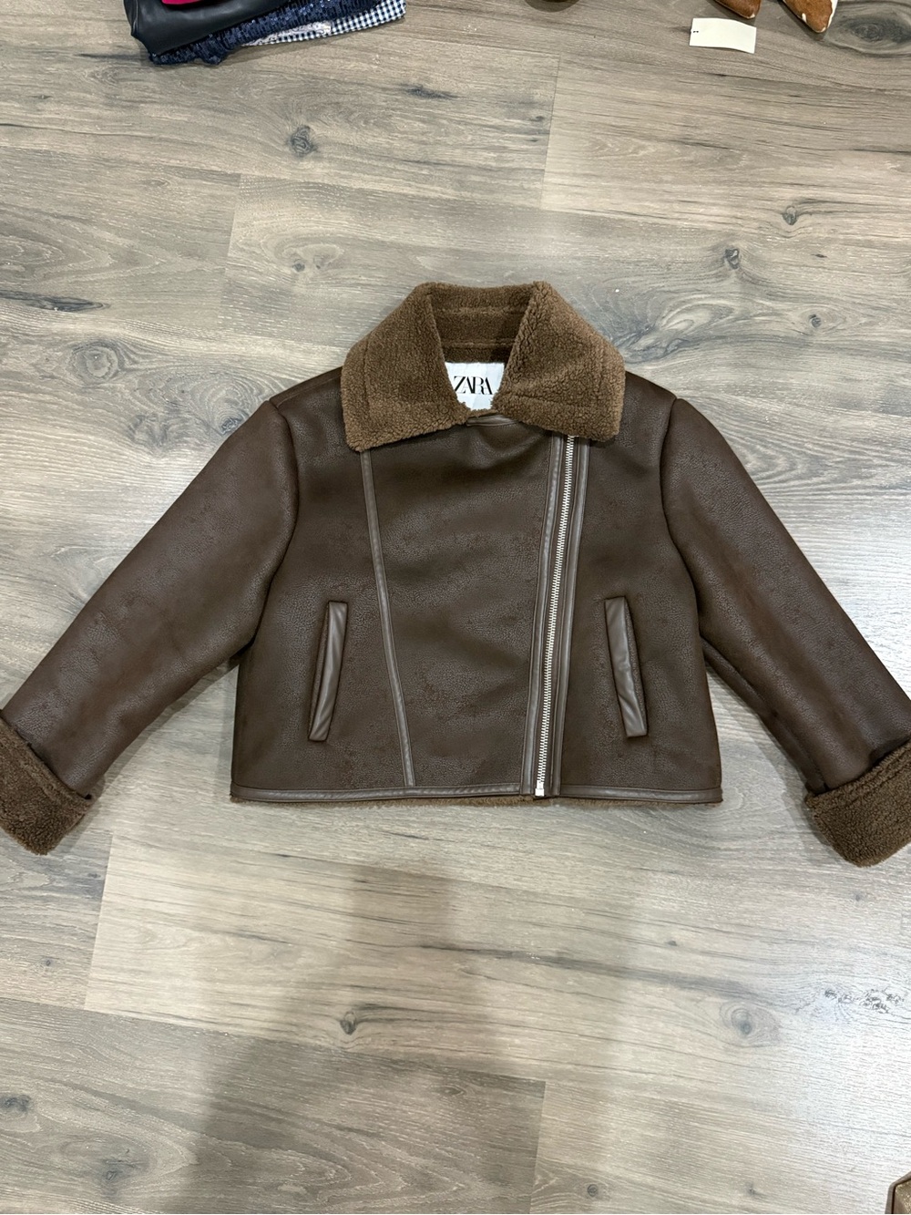 Zara Womens Dark Brown Faux Shearling Aviator Jacket